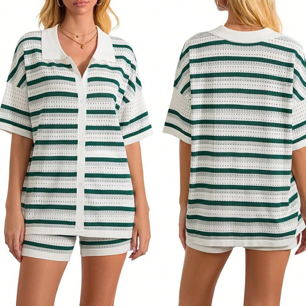 Dark Green Casual Women's Stripe Button Crochet Knit Tops And Shorts Sets